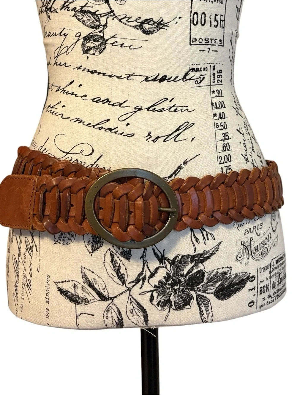 Vintage Wide Linked Braided Leather Statement Belt, Cognac Tan Boho Hippie